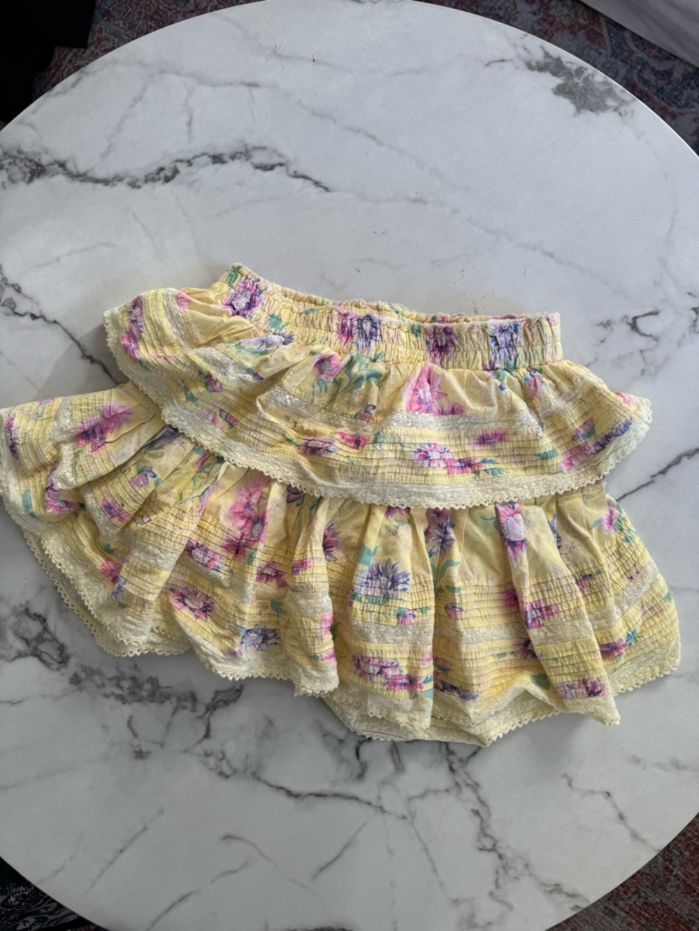 LoveShackFancy Yellow Floral Elastic Waist Skirt